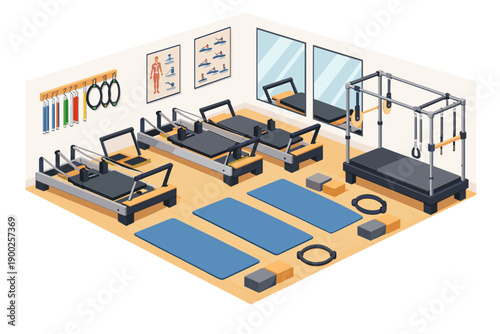 Modern Pilates studio interior with reformers, Cadillac, mats, and props for exercise