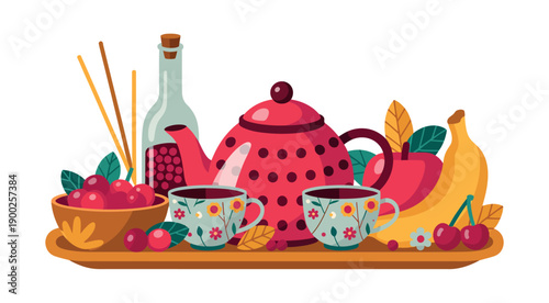 A colorful still life of a tea tray with fruit and cups