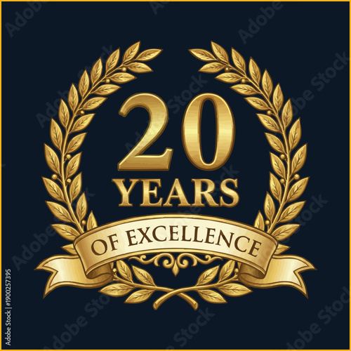 Golden 20 Years of Excellence anniversary emblem with laurel wreath. Luxury corporate milestone badge.