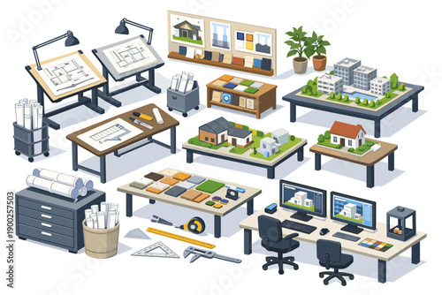 Architectural design studio with blueprints, models, and drafting tools
