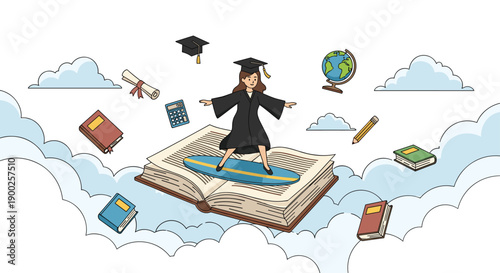 Joyful graduate student surfing on a giant open book above clouds, surrounded by educational symbols, representing