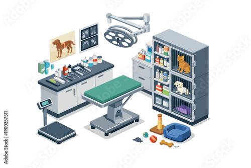 Veterinary clinic interior with examination table, animal cages, and medical supplies