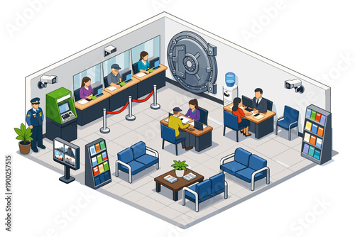 Isometric bank interior with customers, tellers, security guard, and vault door