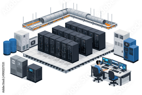 Modern data center with server racks, cooling systems, and IT control room