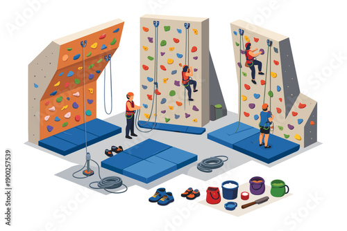 Indoor climbing gym with multiple walls, people climbing and safety equipment laid out
