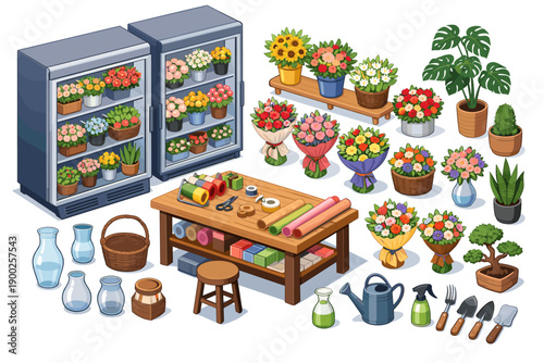 Isometric florist shop elements including flowers, vases, and tools for arrangement