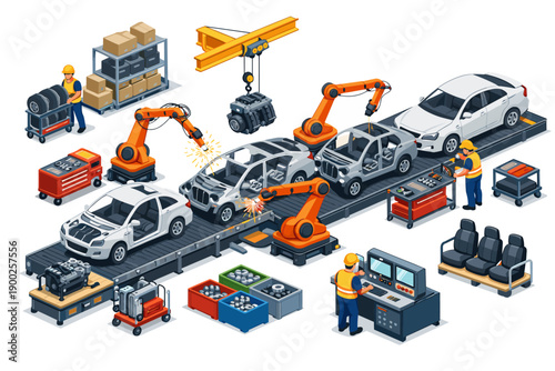 Automotive assembly line with robotic arms and workers building cars