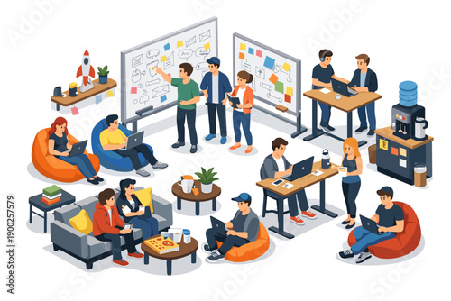 Diverse team collaborating and working on laptops in a modern, casual office space