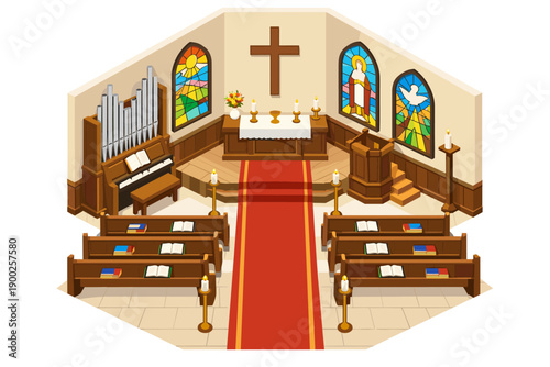 Isometric church interior with pews, altar, organ, and stained glass windows