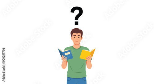 Uncertain man in green shirt holding two colorful open books with a question mark, illustrating learning choices and