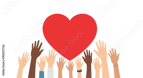 Many diverse human hands eagerly reaching upwards towards a large red heart, signifying shared passion, widespread
