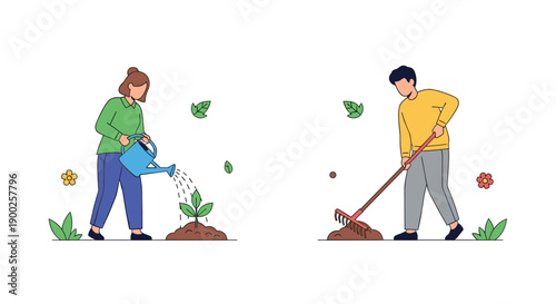 Man raking soil and woman watering a plant, illustrating garden care, sustainable living, and nature connection