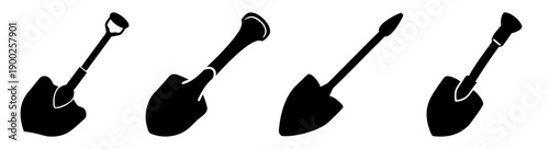 A set of shovel silhouettes in various positions on a transparent background