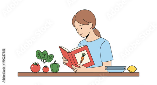 Woman smiling while reading a cookbook at a clean kitchen counter, surrounded by fresh ingredients for simple healthy