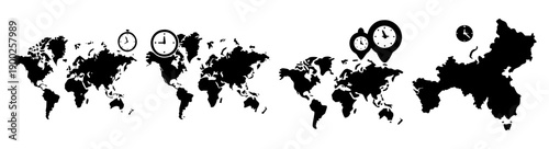A set of black and white world map silhouettes with location markers in a minimalist vector graphic design