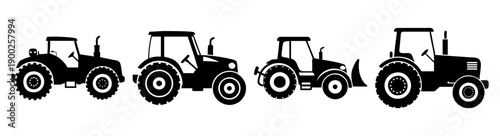 A set of tractor silhouettes in different designs on a white background