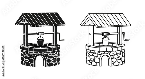 Traditional Stone Water Well with Roof and Bucket for Rural Village Life and Wishing Well Concept
