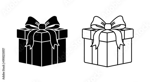 Christmas Gift Box with Ribbon Bow Silhouette and Line Art Vector Illustration