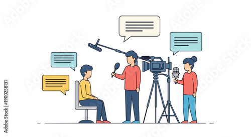 Professional news team conducting an interview with a seated subject, complete with camera, microphones, and speech