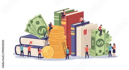 Small people interacting with giant books, stacks of coins, and banknotes, symbolizing education investment and