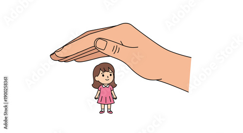 Large human hand hovering protectively over a small girl, symbolizing child safety, parental care, and secure