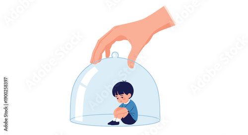 Sad boy sitting isolated under a clear glass dome, placed by a large hand, depicting overprotection and social