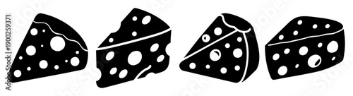 A set of black silhouette cheese wedges with holes on a white background