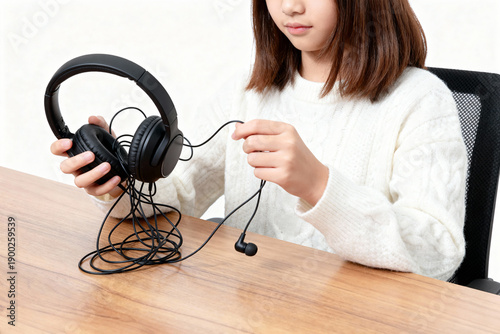 Young woman untangling wired headphones at desk, focused person in minimal studio.