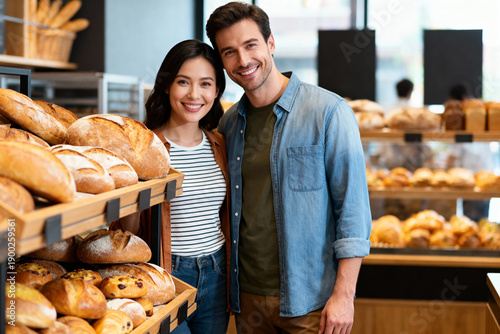 Smiling mixed-race couple browsing fresh bread display in artisanal bakery.