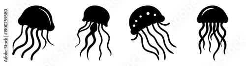 A set of minimalist jellyfish silhouettes in black and white