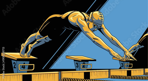 Dynamic swimmer illustrated in retro style diving into a pool from starting block