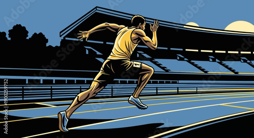 Dynamic sprinting scene in vibrant graphic art style at a stadium