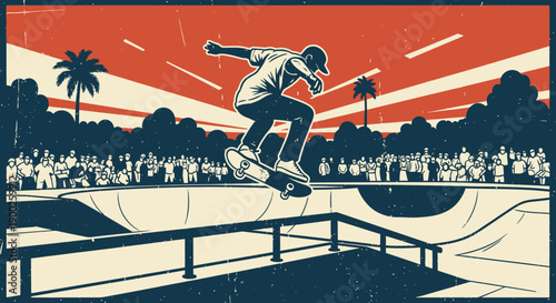 Skateboarder performing trick in vintage park with audience and palm trees