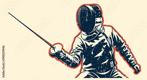 Dynamic retro fencing pose with mask and sword in vintage style