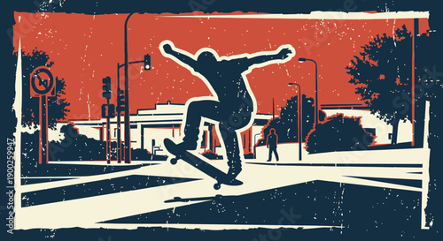 Urban skateboarding silhouette art with grunge style in cityscape
