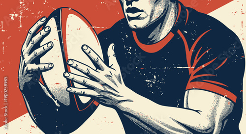Rugby player gripping ball in vintage retro style