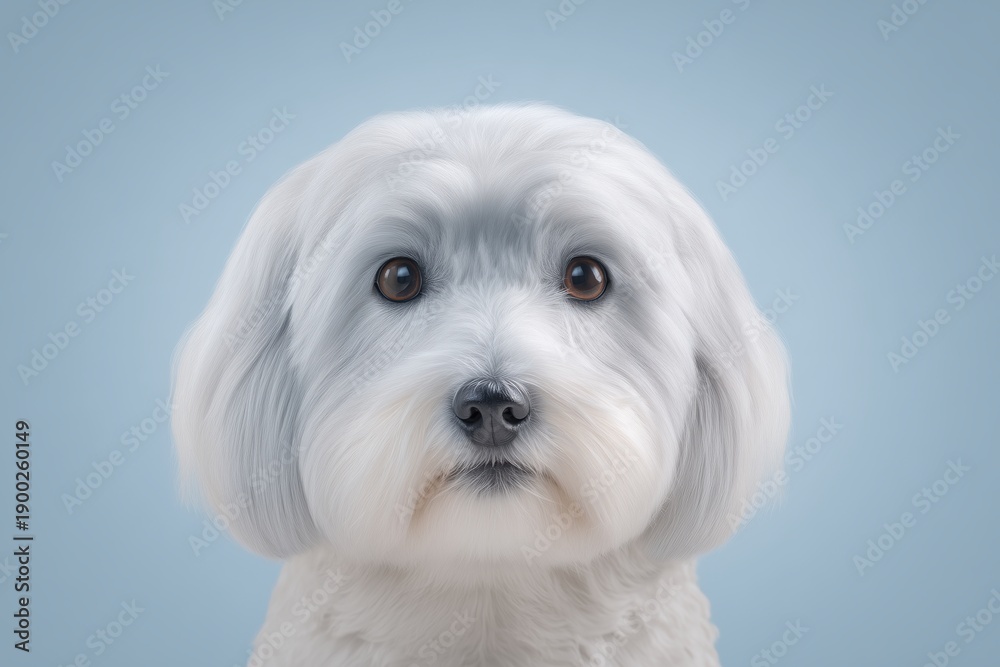 Obraz premium Portrait of a fluffy white dog with a light blue background.