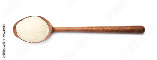 Photos Dry gelatin powder in wooden spoon isolated on white, top view
