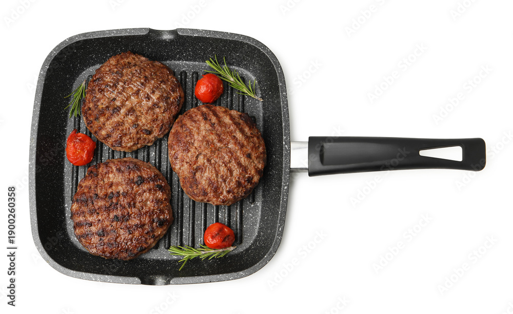 Fototapeta premium Delicious grilled meat patties, tomatoes and rosemary in grill pan isolated on white, top view