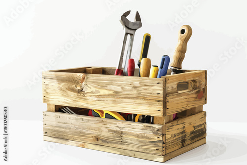 Handcrafted Wooden Crate with Tools Inside isolated