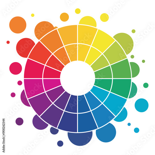 Colorful wheel with vibrant hues and splashes for design and art purposes easily