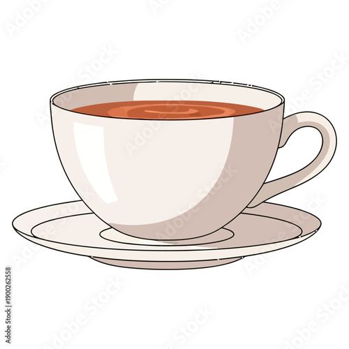 Ceramic white teacup filled with hot brown beverage resting on matching saucer