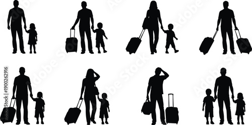 Family travel silhouette set, single father and mother with children walking with suitcases, parents traveling with kids, airport terminal transit icons, vacation tourism concepts.