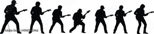 Black, bass, guitarist, silhouettes, set, vector, illustration, isolated, on, white, background, musician, playing, guitar, band, rock, concert, performance, musical, instrument, live, show