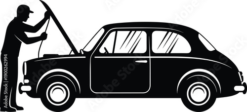 Black, mechanic, silhouette, repairing, vintage, car, vector, illustration, isolated, on, white, background, man, checking, engine, auto, service, repair, workshop, maintenance, garage, collection