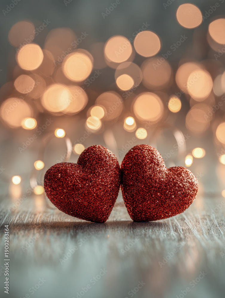 Fototapeta premium Two sparkling red hearts placed closely together on a rustic wooden surface with warm glowing bokeh lights creating a romantic and intimate atmosphere in the backgro