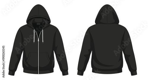 Versatile black zipper hoodie with a full front and back presentation, perfect for comfortable casual apparel.