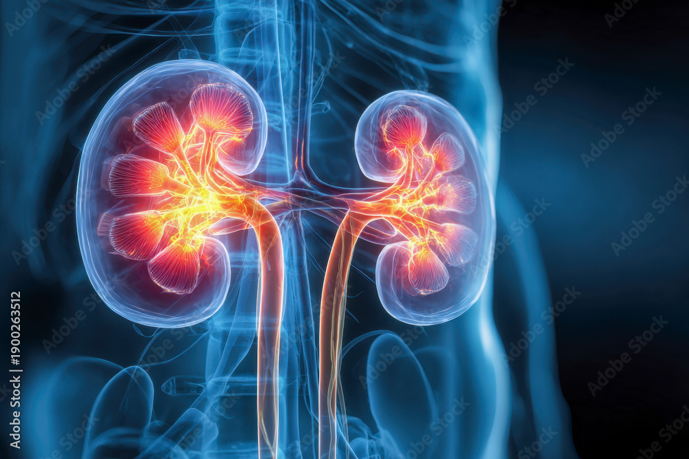 Fototapeta premium Detailed digital illustration of human kidneys with highlighted internal structures showing vascular and renal anatomy in a translucent torso against a dark backgrou