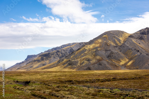 Volcanic mountain slopes rising above Thorsmork valley in South Iceland