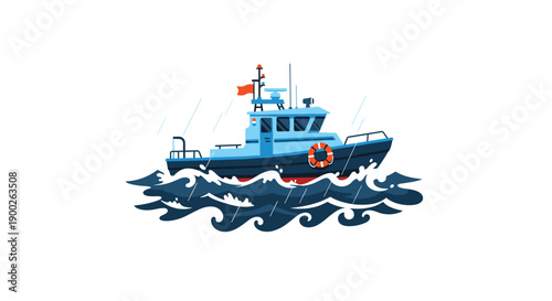 Sturdy patrol boat navigating through rough ocean waves under a stormy sky, symbolizing maritime enforcement.